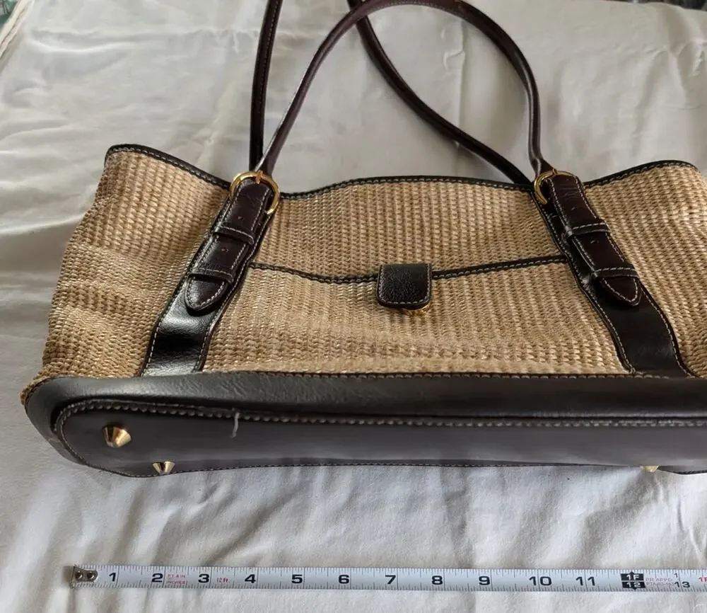 MAXX New York Large Straw Woven Leather Tote Handbag Shoulder Bag Purse